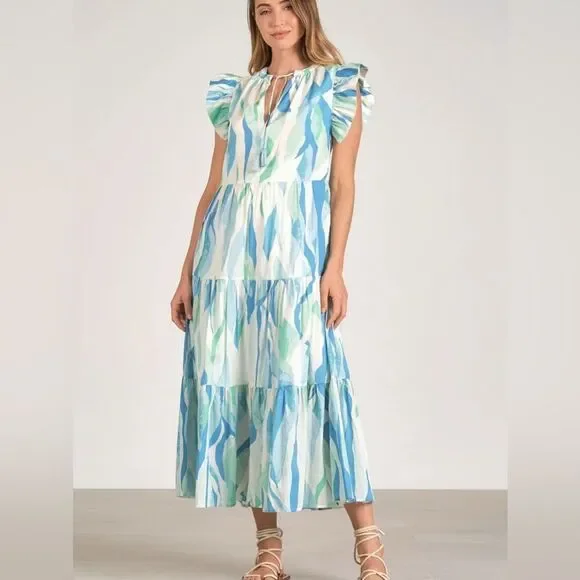 Elan Women’s Blue Green Ruffle Midi Dress Small NWT - Picture 1 of 13